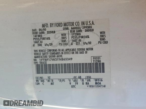 2000 Ford F-150 XL with VIN 1FTRF17W3YNB65349, listed as a Copart auction lot 52551895 with Not provided miles and Salvage title. Bid and sale history available at DreamBid. Image 12.
