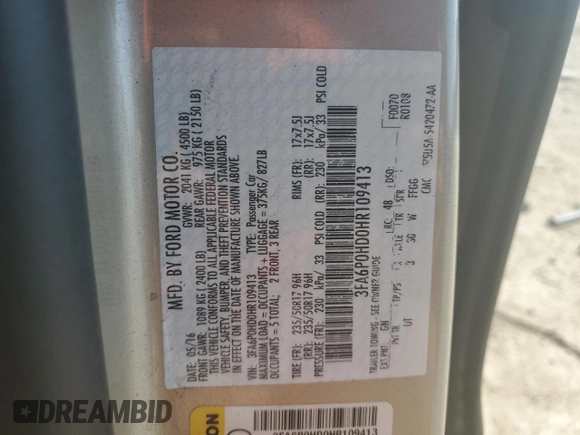 2017 Ford Fusion SE with VIN 3FA6P0HD0HR109413, listed as a Copart auction lot 48296175 with 127,225 mi miles and Clean title. Bid and sale history available at DreamBid. Image 13.