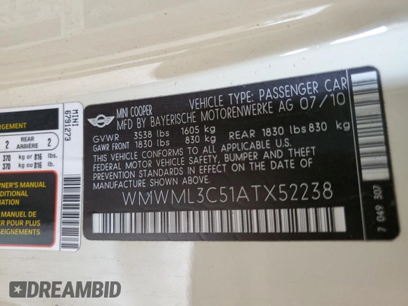 2010 MINI Clubman z VIN WMWML3C51ATX52238, wystawiony jako Copart lot #50537605 z przebiegiem 96 000 mil mil oraz Szkoda całkowita • Salvage title. Historia ofert i sprzedaży dostępna na DreamBid. Obrazek 12.