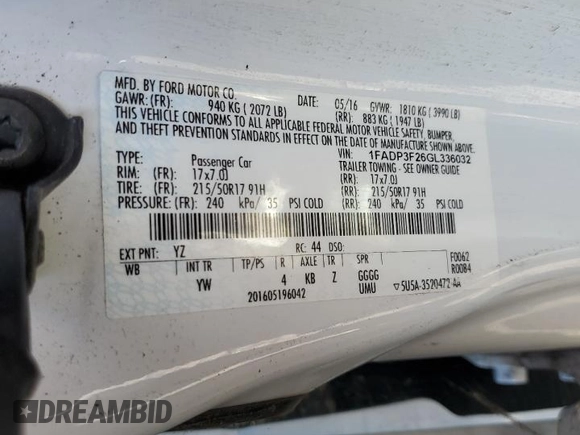 2016 Ford Focus SE with VIN 1FADP3F26GL336032, listed as a Copart auction lot 48334005 with 107,527 mi miles and Clean title. Bid and sale history available at DreamBid. Image 12.