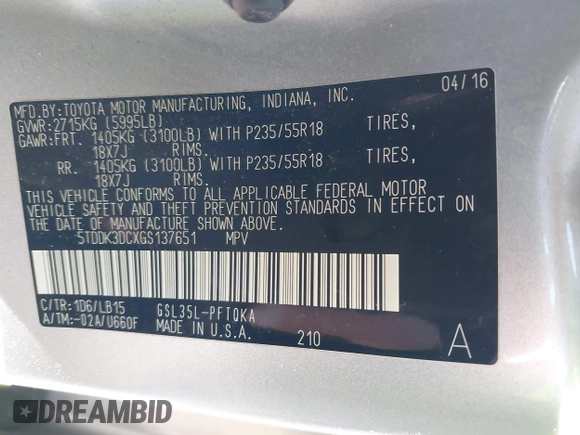 2016 Toyota Sienna Ltd with VIN 5TDDK3DCXGS137651, listed as a IAAI auction lot 42004497 with 116,274 mi miles. Bid and sale history available at carsss.com. Image 9.