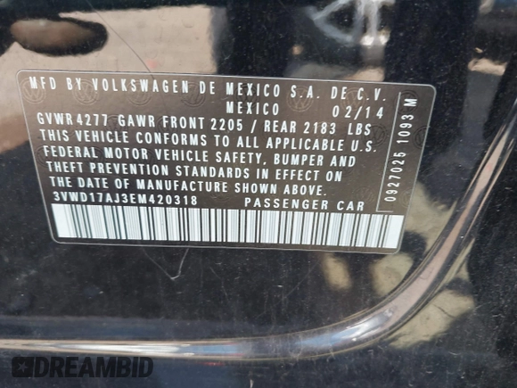 2014 Volkswagen Jetta SE с VIN 3VWD17AJ3EM420318, выставлен на аукционе IAAI как лот 42454507 с пробегом 96 332 миль миль и . История ставок и продаж доступна на DreamBid. Изображение 9.