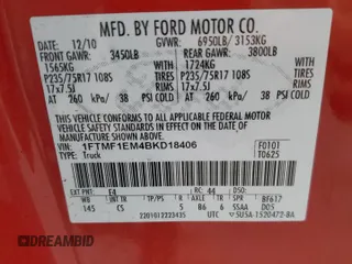 2011 Ford F-150 XL with VIN 1FTMF1EM4BKD18406, listed as a Copart auction lot 54566055 with 95,219 mi miles and Salvage title. Bid and sale history available at DreamBid. Image 12.
