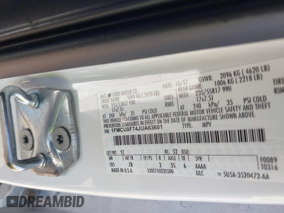 2018 Ford Escape S with VIN 1FMCU0F74JUA63601, listed as a IAAI auction lot 42264145 with 100,478 mi miles and . Bid and sale history available at DreamBid. Image 9.