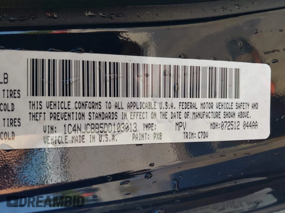 2013 Jeep Compass Sport with VIN 1C4NJCBB5DD103013, listed as a IAAI auction lot 41885936 with 169,402 mi miles. Bid and sale history available at carsss.com. Image 9.