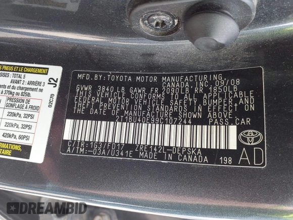 2009 Toyota Corolla with VIN 2T1BU40E99C107244, listed as a IAAI auction lot 42167737 with 164,550 mi miles. Bid and sale history available at carsss.com. Image 9.