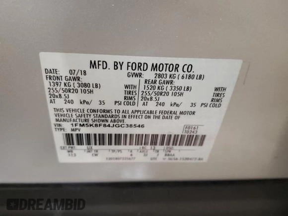 2018 Ford Explorer Limited z VIN 1FM5K8F84JGC38546, wystawiony jako Copart lot #57719485 z przebiegiem 43 391 mil mil oraz Szkoda całkowita • Salvage title. Historia ofert i sprzedaży dostępna na DreamBid. Obrazek 14.
