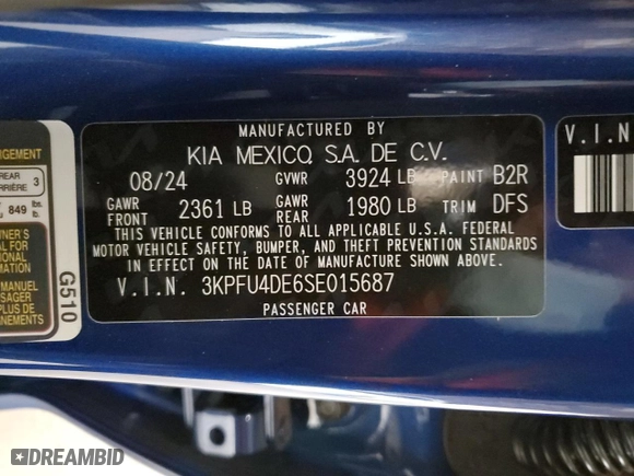 2025 Kia K4 EX with VIN 3KPFU4DE6SE015687, listed as a Copart auction lot 45159285 with 4,368 mi miles and Salvage Title. Bid and sale history available at carsss.com. Image 14.