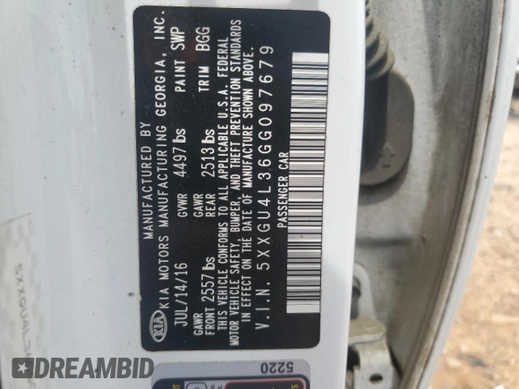 2016 Kia Optima EX with VIN 5XXGU4L36GG097679, listed as a Copart auction lot 60231295 with 110,599 mi miles and Salvage title. Bid and sale history available at DreamBid. Image 12.