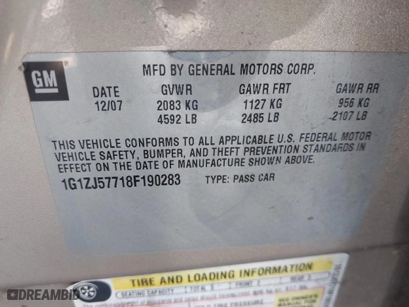 2008 Chevrolet Malibu LT w/2LT with VIN 1G1ZJ57718F190283, listed as a IAAI auction lot 41799882 with 147,838 mi miles. Bid and sale history available at carsss.com. Image 9.