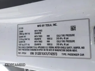 2020 Tesla Model 3 Standard Range Plus with VIN 5YJ3E1EA7LF742973, listed as a IAAI auction lot 41409285 with 48,993 mi miles and . Bid and sale history available at DreamBid. Image 9.
