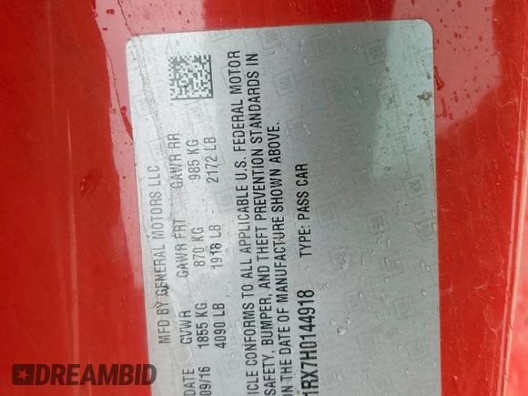 2017 Chevrolet Camaro 1LT z VIN 1G1FB1RX7H0144918, wystawiony jako Copart lot #51923955 z przebiegiem Nie podano mil oraz Szkoda całkowita • Salvage title. Historia ofert i sprzedaży dostępna na DreamBid. Obrazek 12.