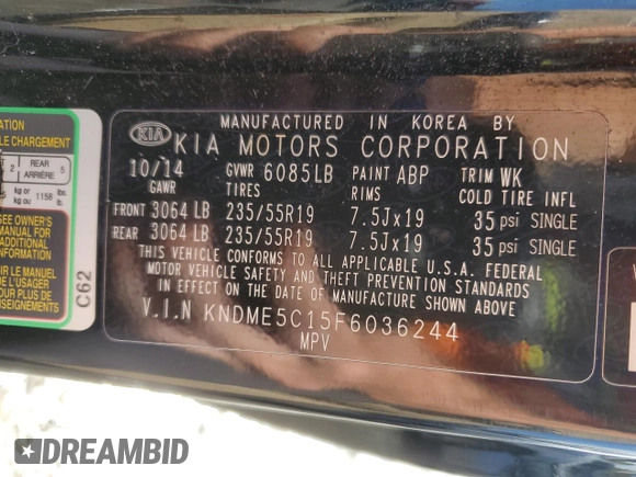 2015 Kia Sedona SX-L with VIN KNDME5C15F6036244, listed as a Copart auction lot 72794344 with 189,331 mi miles and Salvage Title. Bid and sale history available at DreamBid. Image 13.