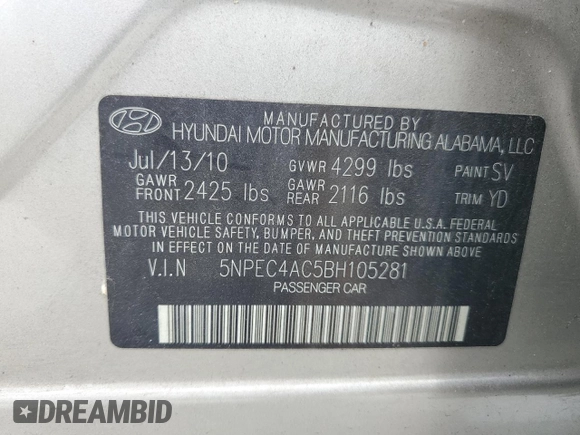 2011 Hyundai Sonata Limited with VIN 5NPEC4AC5BH105281, listed as a Copart auction lot 53921645 with 33,894 mi miles and Salvage Title. Bid and sale history available at DreamBid. Image 12.