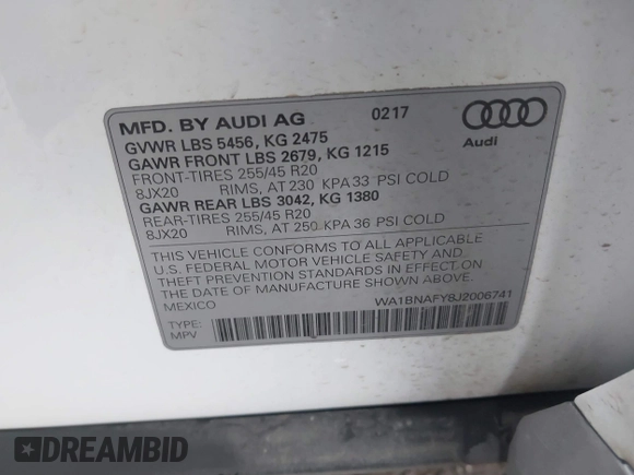 2018 Audi Q5 Premium Plus with VIN WA1BNAFY8J2006741, listed as a IAAI auction lot 40931932 with 84,088 mi miles and . Bid and sale history available at DreamBid. Image 9.