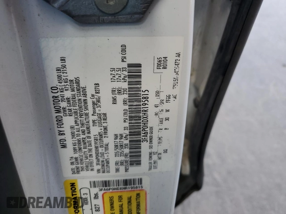 2017 Ford Fusion SE z VIN 3FA6P0HDXHR195815, wystawiony jako Copart lot #55553475 z przebiegiem 271 887 mil mil oraz Szkoda całkowita • Salvage title. Historia ofert i sprzedaży dostępna na DreamBid. Obrazek 12.