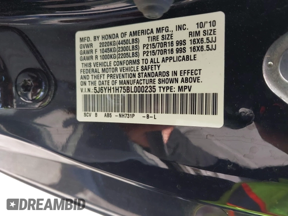 2011 Honda Element EX with VIN 5J6YH1H75BL000235, listed as a IAAI auction lot 42087127 with 126,510 mi miles and . Bid and sale history available at DreamBid. Image 9.