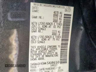 2017 Nissan Titan Platinum Reserve with VIN 1N6BA1F43HN568650, listed as a Copart auction lot 59593525 with 126,193 mi miles and Salvage title. Bid and sale history available at DreamBid. Image 12.