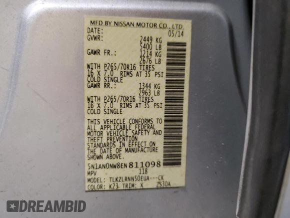 2014 Nissan Xterra X with VIN 5N1AN0NW8EN811098, listed as a Copart auction lot 54753235 with 124,741 mi miles and Clean Title. Bid and sale history available at DreamBid. Image 13.