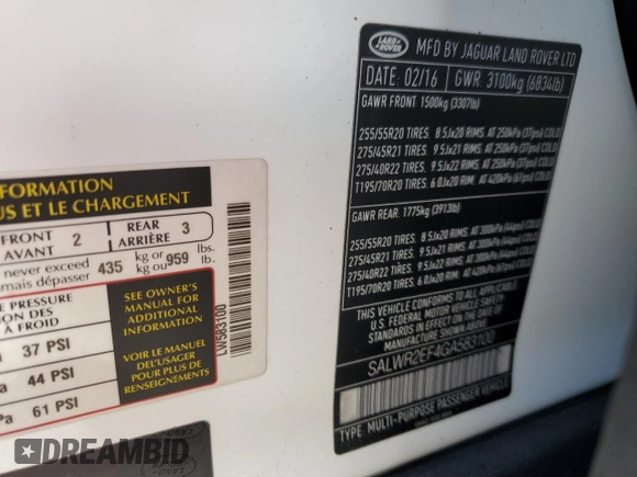 2016 Land Rover Range Rover Sport V8 Dynamic with VIN SALWR2EF4GA583100, listed as a Copart auction lot 43137465 with 104,794 mi miles and Salvage Title. Bid and sale history available at carsss.com. Image 12.