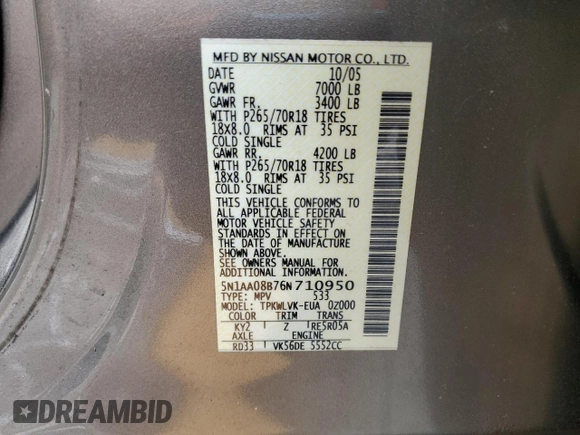 2006 Nissan Armada LE z VIN 5N1AA08B76N710950, wystawiony jako Copart lot #55981715 z przebiegiem 242 233 mil mil oraz Szkoda całkowita • Salvage title. Historia ofert i sprzedaży dostępna na DreamBid. Obrazek 13.