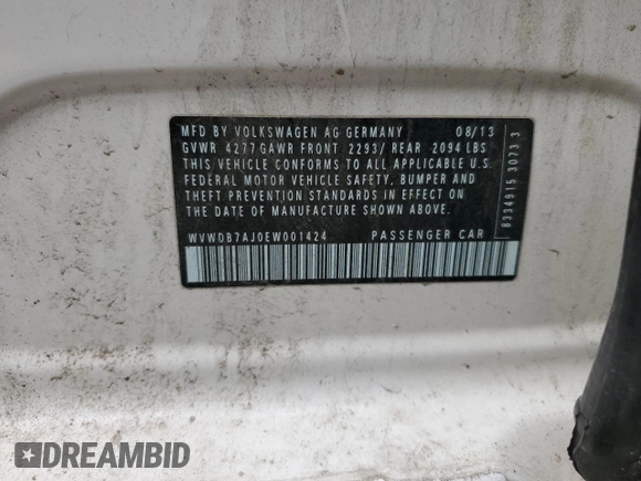 2014 Volkswagen Golf with VIN WVWDB7AJ0EW001424, listed as a Copart auction lot 62420115 with 69,109 mi miles and Salvage title. Bid and sale history available at DreamBid. Image 12.