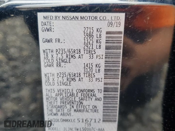 2020 Infiniti QX60 Luxe with VIN 5N1DL0MMXLC516712, listed as a Copart auction lot 53750215 with 47,062 mi miles and Salvage title. Bid and sale history available at DreamBid. Image 13.