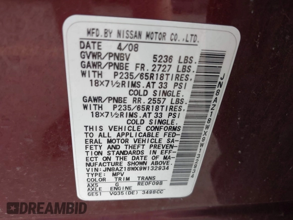 2009 Nissan Murano SL with VIN JN8AZ18WX9W132934, listed as a IAAI auction lot 41891283 with Not Provided miles and . Bid and sale history available at DreamBid. Image 9.
