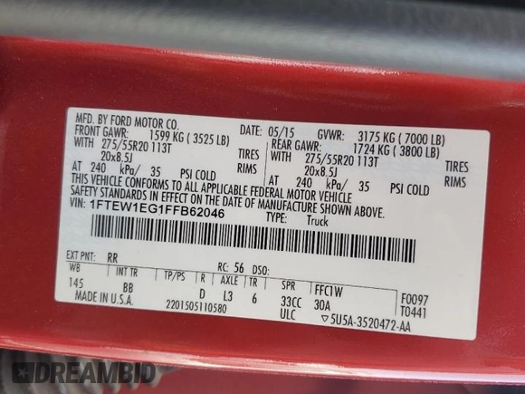 2015 Ford F-150 XLT with VIN 1FTEW1EG1FFB62046, listed as a Copart auction lot 50023775 with 88,135 mi miles and Salvage Title. Bid and sale history available at DreamBid. Image 14.