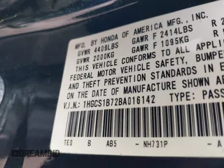 2011 Honda Accord EX with VIN 1HGCS1B72BA016142, listed as a IAAI auction lot 41286679 with 168,695 mi miles and . Bid and sale history available at DreamBid. Image 9.