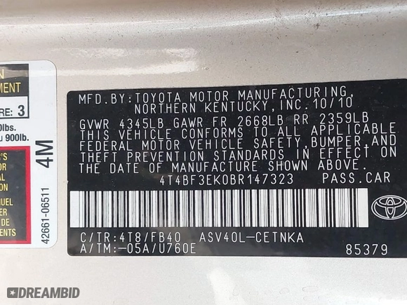 2011 Toyota Camry LE with VIN 4T4BF3EK0BR147323, listed as a IAAI auction lot 41392876 with 159,951 mi miles. Bid and sale history available at carsss.com. Image 9.
