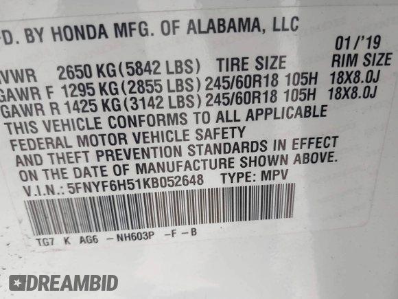2019 Honda Pilot EX-L with VIN 5FNYF6H51KB052648, listed as a IAAI auction lot 41928269 with 67,878 mi miles and . Bid and sale history available at carsss.com. Image 9.