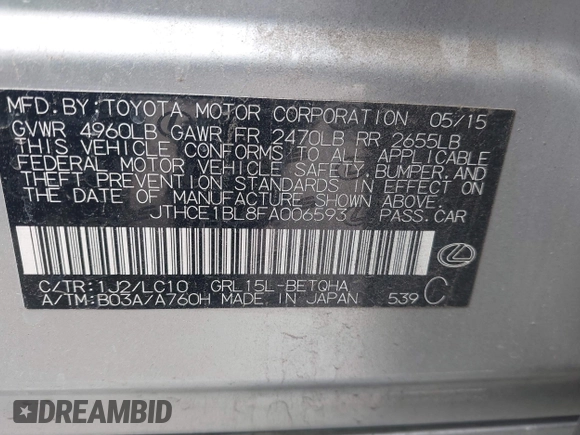 2015 Lexus GS 350 with VIN JTHCE1BL8FA006593, listed as a IAAI auction lot 41949221 with 96,435 mi miles and . Bid and sale history available at DreamBid. Image 9.