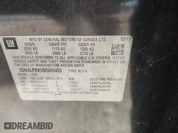 2013 Chevrolet Equinox LT with VIN 2GNALPEK9D6283453, listed as a IAAI auction lot 42133256 with 87,476 mi miles and . Bid and sale history available at DreamBid. Image 9.