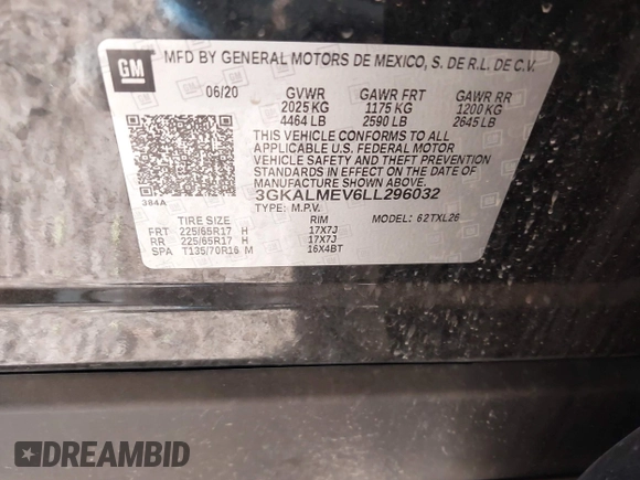 2020 GMC Terrain SLE with VIN 3GKALMEV6LL296032, listed as a IAAI auction lot 41829324 with 91,924 mi miles and . Bid and sale history available at carsss.com. Image 9.