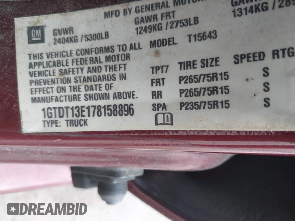 2007 GMC Canyon SLE2 with VIN 1GTDT13E178158896, listed as a IAAI auction lot 42679729 with 199,553 mi miles and . Bid and sale history available at DreamBid. Image 9.