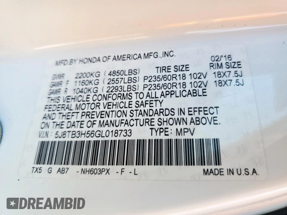 2016 Acura RDX Technology с VIN 5J8TB3H56GL018733, выставлен на аукционе Copart как лот 59625425 с пробегом 80 941 миль миль и Списание • Salvage title. История ставок и продаж доступна на DreamBid. Изображение 13.