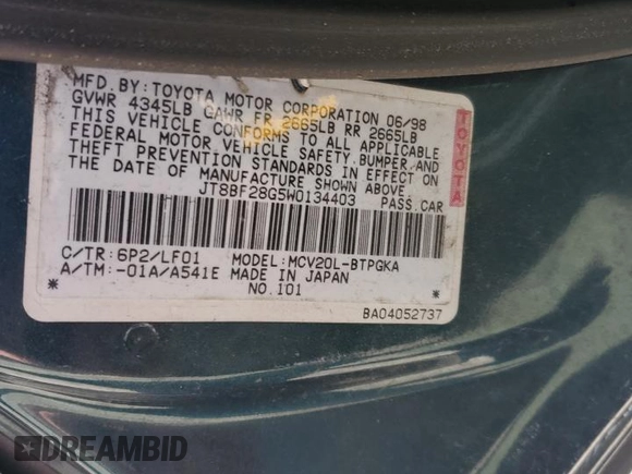 1998 Lexus ES 300 с VIN JT8BF28G5W0134403, выставлен на аукционе Copart как лот 57131135 с пробегом 281 827 миль миль и Списание • Salvage title. История ставок и продаж доступна на DreamBid. Изображение 12.