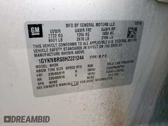 2017 Cadillac XT5 Luxury FWD with VIN 1GYKNBRS8HZ221244, listed as a Copart auction lot 55316055 with 101,330 mi miles and Salvage title. Bid and sale history available at DreamBid. Image 13.