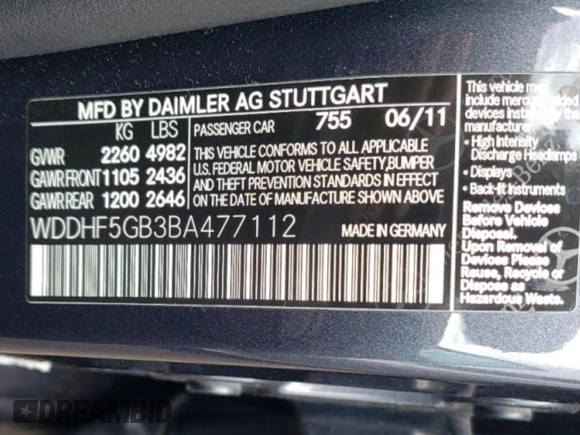 2011 Mercedes-Benz E 350 Luxury with VIN WDDHF5GB3BA477112, listed as a Copart auction lot 56210265 with Not provided miles and Salvage title. Bid and sale history available at DreamBid. Image 12.