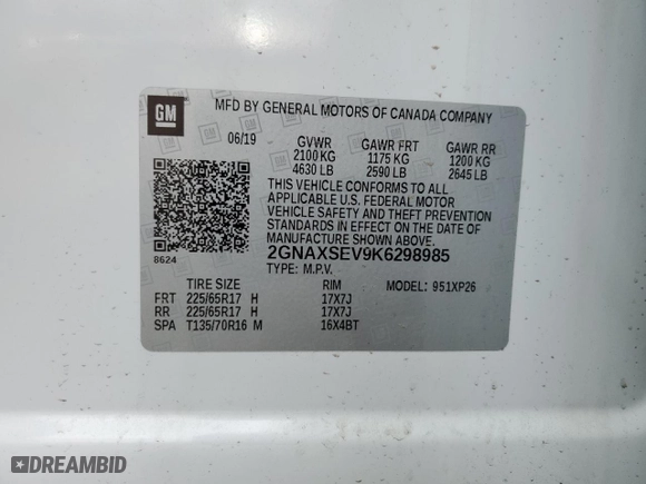 2019 Chevrolet Equinox LS with VIN 2GNAXSEV9K6298985, listed as a Copart auction lot 53179375 with 63,824 mi miles and Salvage Title. Bid and sale history available at carsss.com. Image 15.