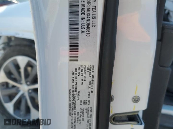 2022 Jeep Cherokee Limited with VIN 1C4PJMDX4ND540610, listed as a Copart auction lot 41840335 with 53,106 mi miles and Salvage Title. Bid and sale history available at DreamBid. Image 12.
