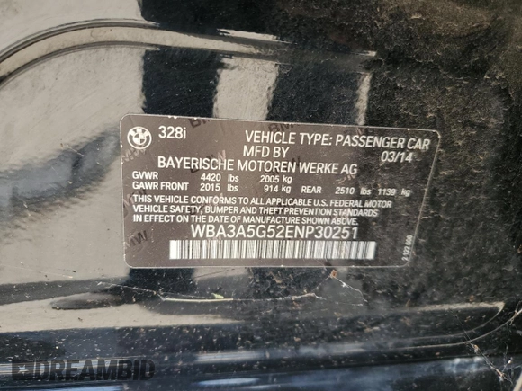 2014 BMW 3 Series 328i with VIN WBA3A5G52ENP30251, listed as a Copart auction lot 82926134 with 106,666 mi miles and Salvage title. Bid and sale history available at DreamBid. Image 12.