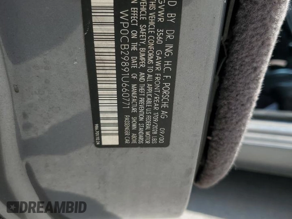 2001 Porsche Boxster S with VIN WP0CB29891U660771, listed as a Copart auction lot 61869675 with 99,065 mi miles and Clean title. Bid and sale history available at DreamBid. Image 12.