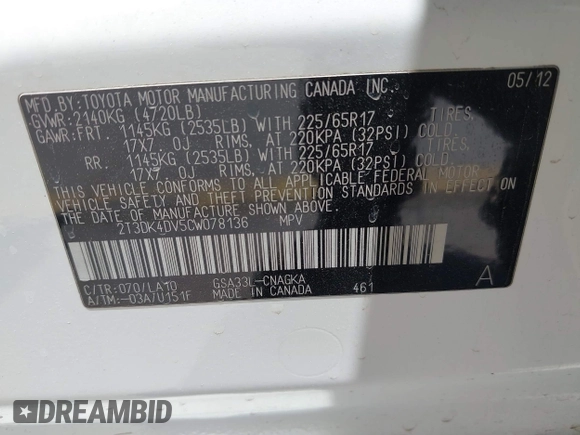 2012 Toyota RAV4 Limited z VIN 2T3DK4DV5CW078136, wystawiony jako IAAI lot #42220172 z przebiegiem 174 518 mil mil oraz . Historia ofert i sprzedaży dostępna na DreamBid. Obrazek 9.