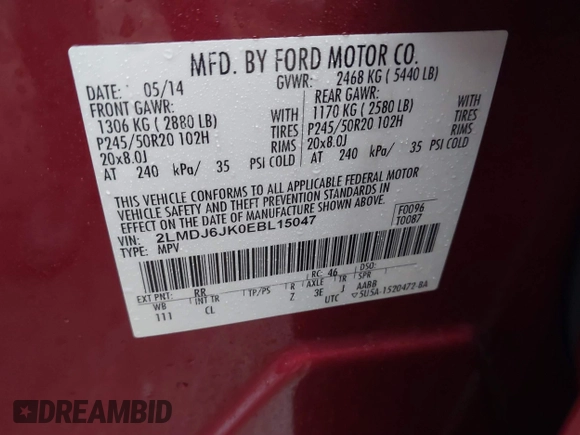 2014 Lincoln MKX with VIN 2LMDJ6JK0EBL15047, listed as a IAAI auction lot 41516164 with 107,221 mi miles and . Bid and sale history available at DreamBid. Image 9.