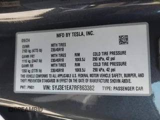2024 Tesla Model 3 with VIN 5YJ3E1EA7RF863382, listed as a IAAI auction lot 41780246 with 1,294 mi miles and . Bid and sale history available at DreamBid. Image 9.