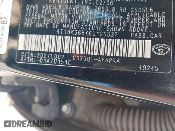 2006 Toyota Avalon XL with VIN 4T1BK36BX6U126537, listed as a IAAI auction lot 41911588 with 145,096 mi miles and . Bid and sale history available at DreamBid. Image 9.