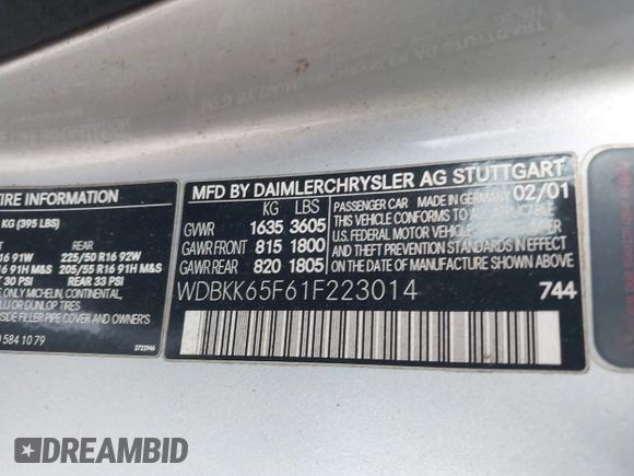 2001 Mercedes-Benz SLK 230/320 with VIN WDBKK65F61F223014, listed as a IAAI auction lot 42193397 with 291,610 mi miles and . Bid and sale history available at DreamBid. Image 9.