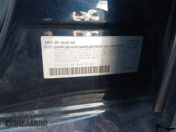 2008 Audi A4 2.0T with VIN WAUDF78E18A076760, listed as a IAAI auction lot 41664991 with 130,234 mi miles. Bid and sale history available at carsss.com. Image 9.
